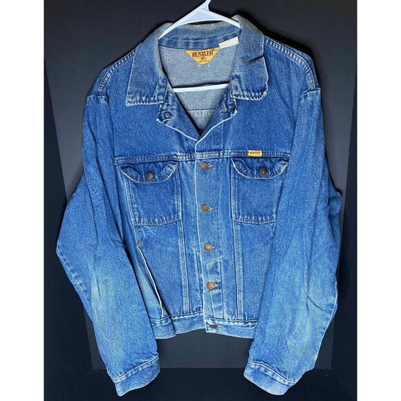 Vtg Rustler Denim Jean Jacket Trucker Blue Mens XL Embroidered Deer 79111PW Y2K - Picture 2 of 6